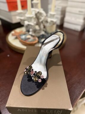 Anne Klein Black Satin Slingback Heel with Pink & Olive Crystal Accents